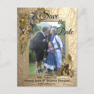 Steampunk auf Goldleder Save the Date Ankündigungspostkarte