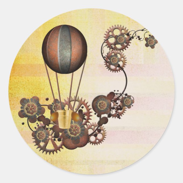 Steampunk Balloon Antik Gelb Runder Aufkleber (Vorderseite)