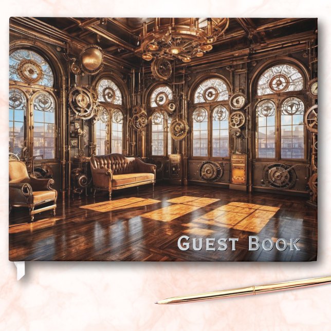 Steampunk Ballroom Elegant Retro Cool Gästebuch (An elegant guest book in Steampunk style, with cover picture of a retrofuturistic ballroom)