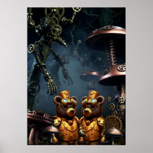 Steampunk-Bären in der Uhrwerk-Wald-Fantasie-Kunst Poster