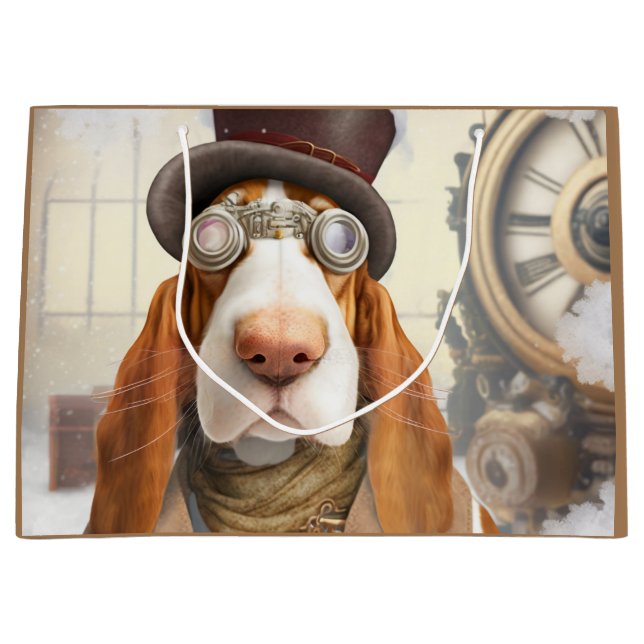 Steampunk Basset Hound Große Geschenktüte (Vorderseite)