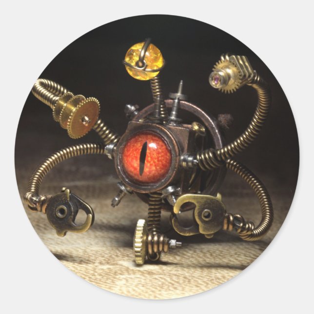 Steampunk Beholder Robot Runder Aufkleber (Vorderseite)