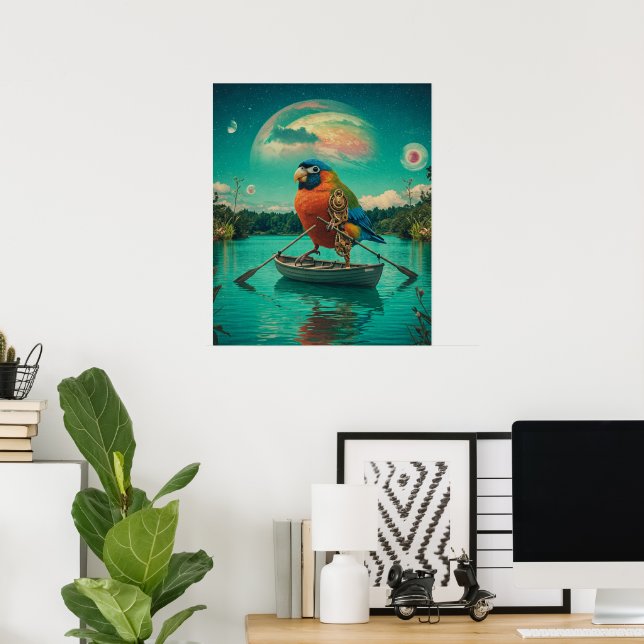 Steampunk Bird Rowing Surreal Lake Kosmic Poster (Heimbüro)
