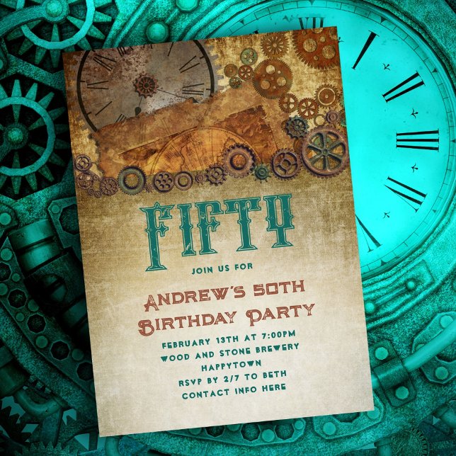 Steampunk Birthday Party Old Paper Gears Einladung (Von Creator hochgeladen)