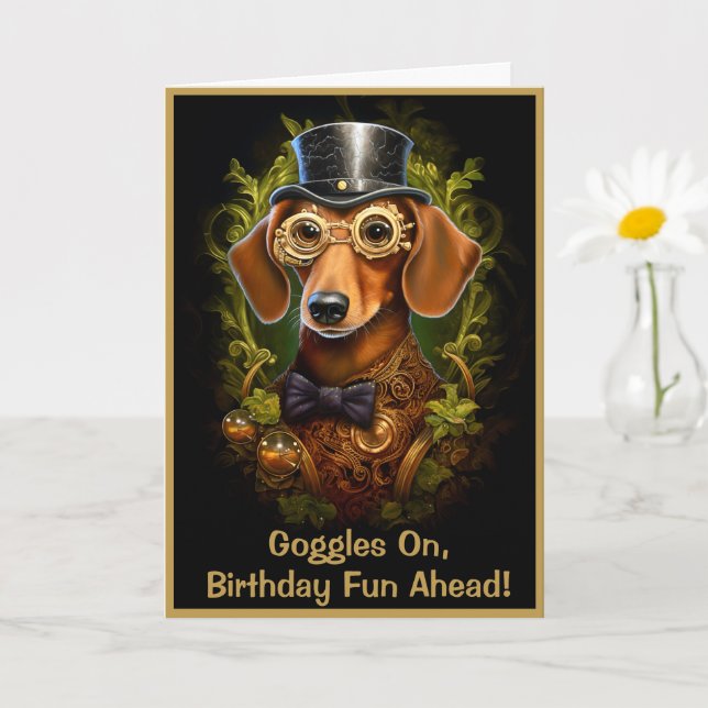 Steampunk Birthday Sausage Dog Individuelle Name 1 Karte (Kleine Pflanze)