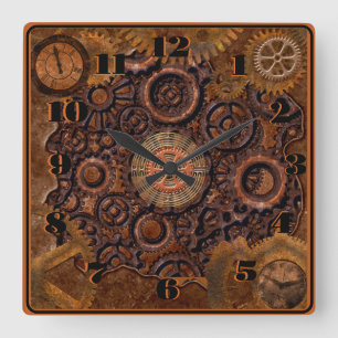 Steampunk Black, Brass, Brown Quadratische Wanduhr