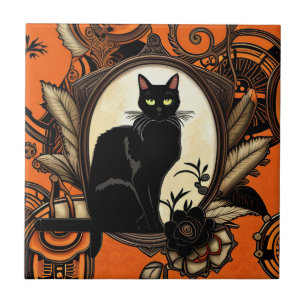 Steampunk Black Cat Halloween Fliese