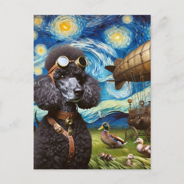 Steampunk Black Poodle Pilot Van Gogh Postkarte (Vorderseite)