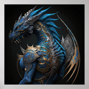 Steampunk-Blauer Drache mit Metallflügeln AI Art Poster
