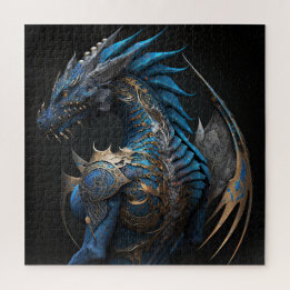 Steampunk-Blauer Drache mit Metallflügeln AI Art Puzzle