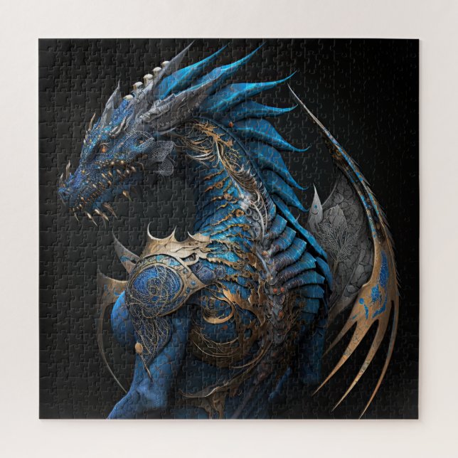 Steampunk-Blauer Drache mit Metallflügeln AI Art Puzzle (Vertikal)