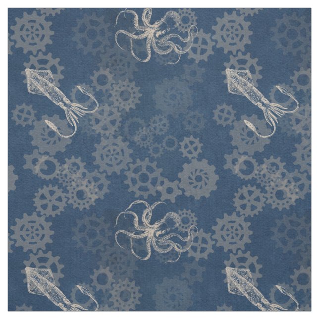 Steampunk blaues Kraken-Gewebe Stoff (Muster)