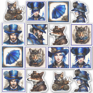 Steampunk Blue und Gold Watercolor Vinyl Stickers Aufkleber