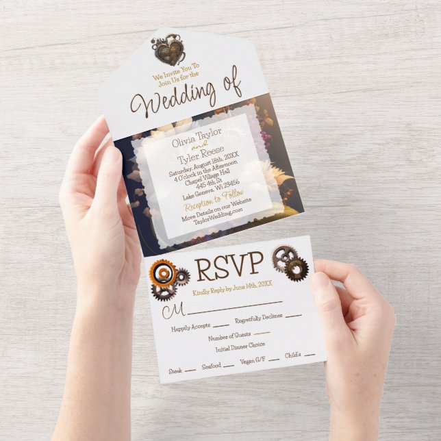 Steampunk, Blume und Feathers Wedding All In One Einladung (Abreißen)