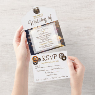 Steampunk, Blume und Feathers Wedding All In One Einladung