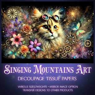 Steampunk-Blumen-Fantasie-Katzen-Porträt-Dekupage Seidenpapier
