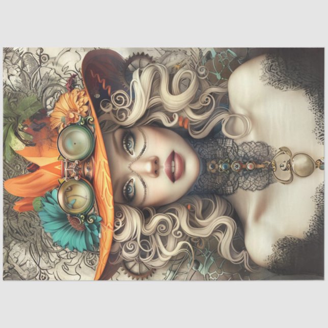 Steampunk Bohemian Style Lady Decoupage Seidenpapier (Vorderseite)