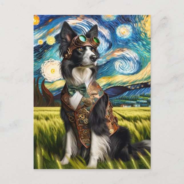 Steampunk Border Collie in der Sternennacht Postkarte (Vorderseite)