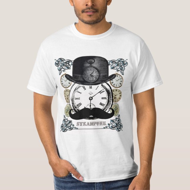 Steampunk - Bowler, Schnurrbart und Uhrenkollage T-Shirt (Vorderseite)
