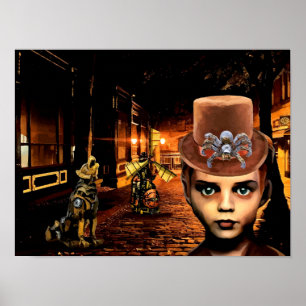 Steampunk Boy and Robot Dog Original Scifi Fantasi Poster