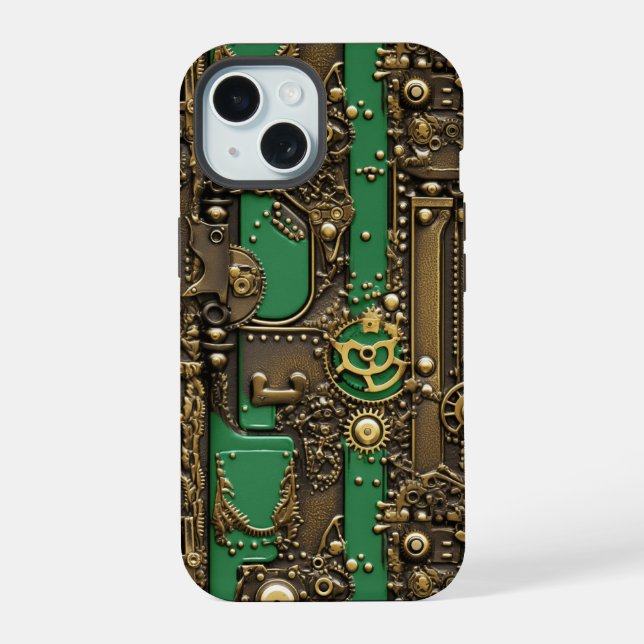 Steampunk-Buch-Industriegrün iPhone 15 Hülle (Rückseite)