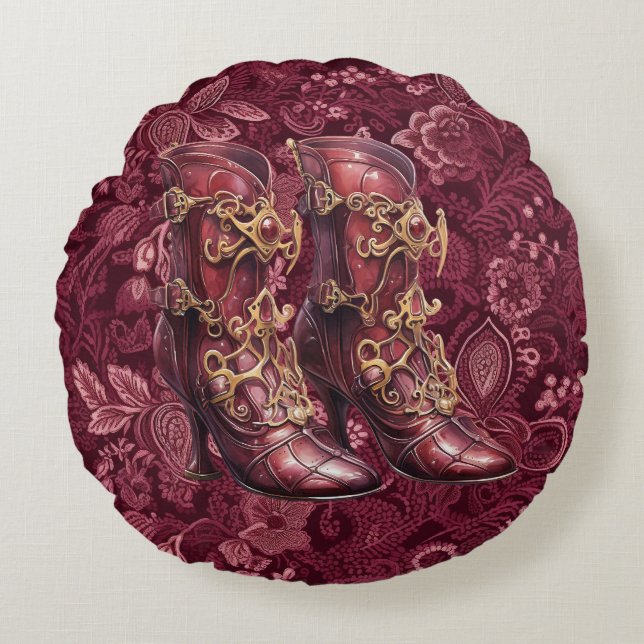 Steampunk Burgundy Floral High Heel Rundkissen Rundes Kissen (Vorderseite)