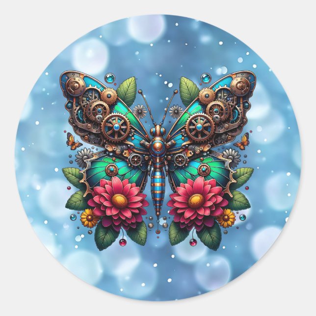 Steampunk Butterfly mit Gänsen und Blume Runder Aufkleber (Vorderseite)