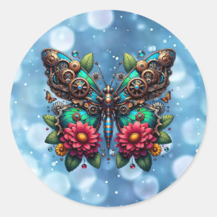 Steampunk Butterfly mit Gänsen und Blume Runder Aufkleber