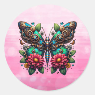 Steampunk Butterfly mit Gänsen und Blume Runder Aufkleber