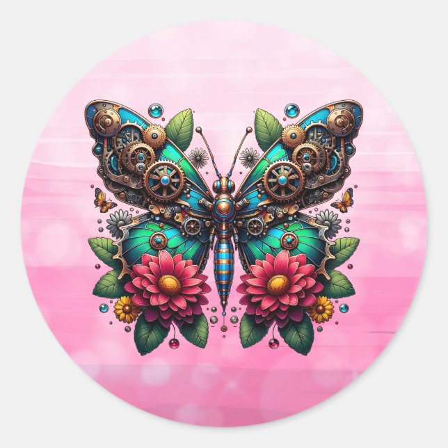 Steampunk Butterfly mit Gänsen und Blume Runder Aufkleber (Vorderseite)