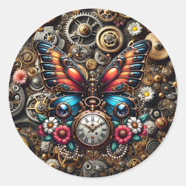Steampunk Butterfly und Pockletwatch Runder Aufkleber (Vorderseite)