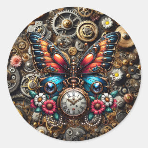 Steampunk Butterfly und Pockletwatch Runder Aufkleber