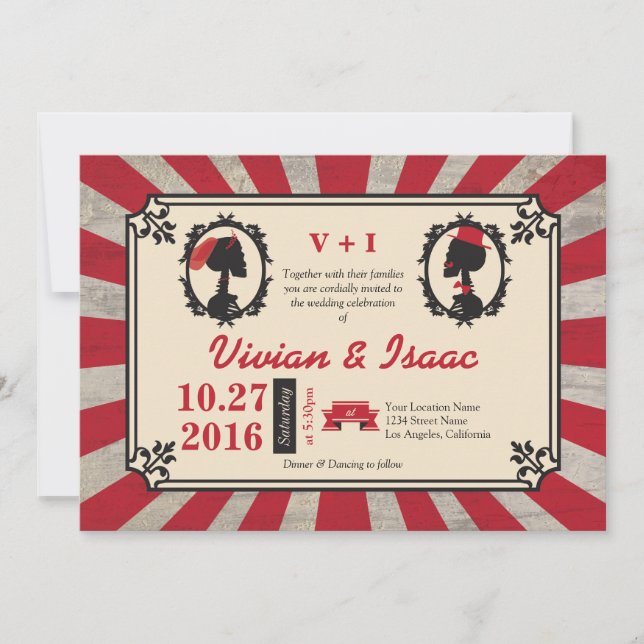 Steampunk Cameo Couple Offbeat Rote Einladungen (Vorderseite)