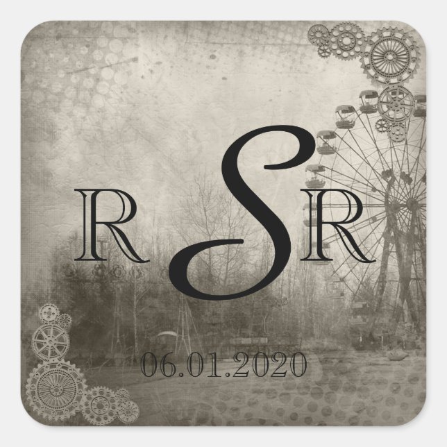 Steampunk Carnival Top Hat Wedding Monogram Quadratischer Aufkleber (Vorderseite)