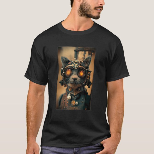 Steampunk Cat Engineer Realistischer Roboter Scien T-Shirt (Vorderseite)