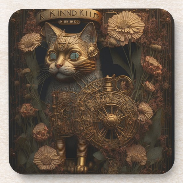 Steampunk Cat Gothic Digital Art Getränkeuntersetzer (Vorderseite)