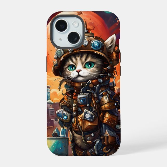 Steampunk Cat I iPhone 15 Hülle (Rückseite)