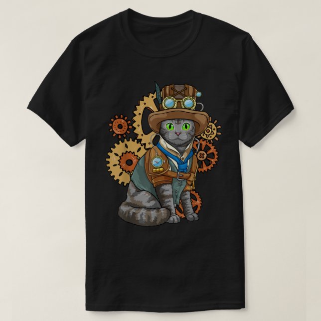 Steampunk Cat Mechanical Gears Fantasy Industrial T-Shirt (Design vorne)