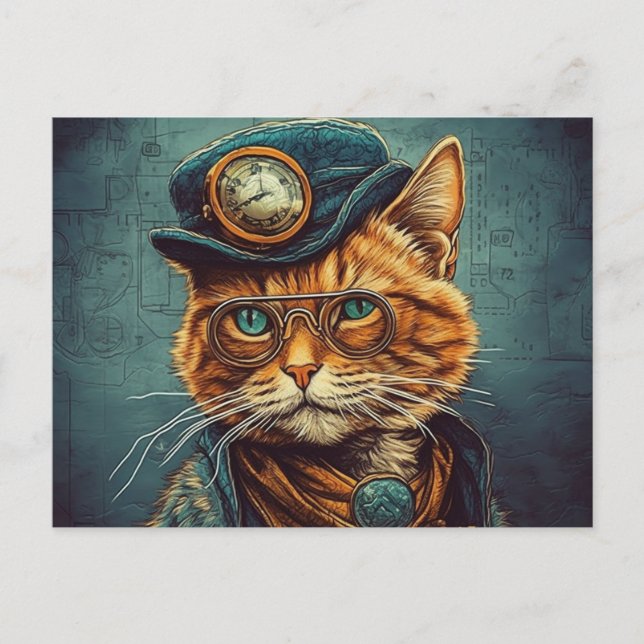 Steampunk Cat Postcard Postkarte (Vorderseite)