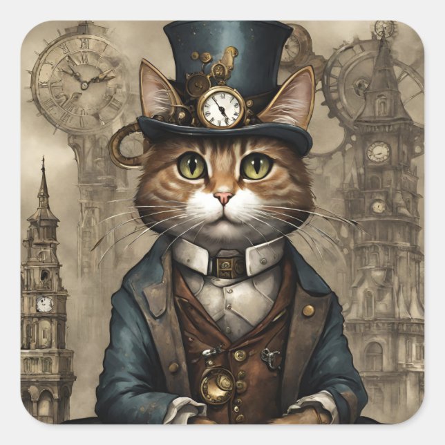 Steampunk Cat Quadratischer Aufkleber (Vorderseite)