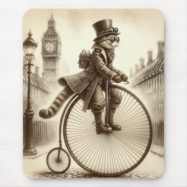 Steampunk Cat Riding a Penny farthing Bike Mousepad (Vorne)