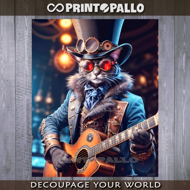 Steampunk cat: top hat, goggle, guitar - Decoupage Geschenkpapier Set (Von Creator hochgeladen)