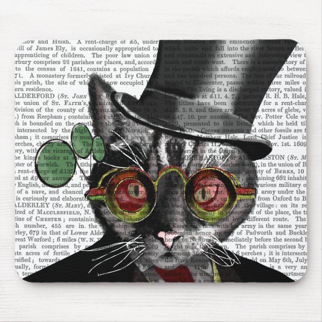 Steampunk Cat - Top Hut und rot-gelbe Brille Mousepad (Vorne)