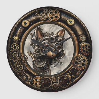 Steampunk Cat Wearing Goggles - WALL CLOCK Große Wanduhr
