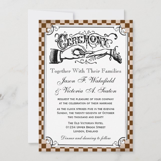 Steampunk-Checkboard Hochzeitsempfang Einladung (Vorderseite)