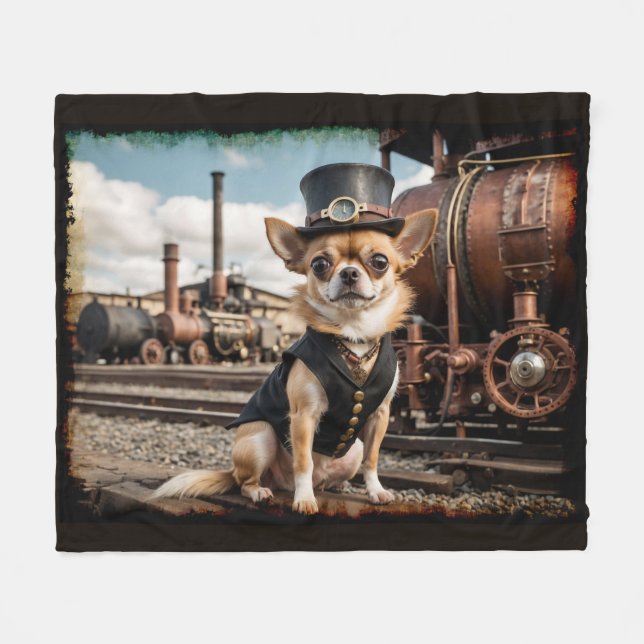 Steampunk Chihuahua und Zug Fleecedecke (Vorderseite (Horizontal))