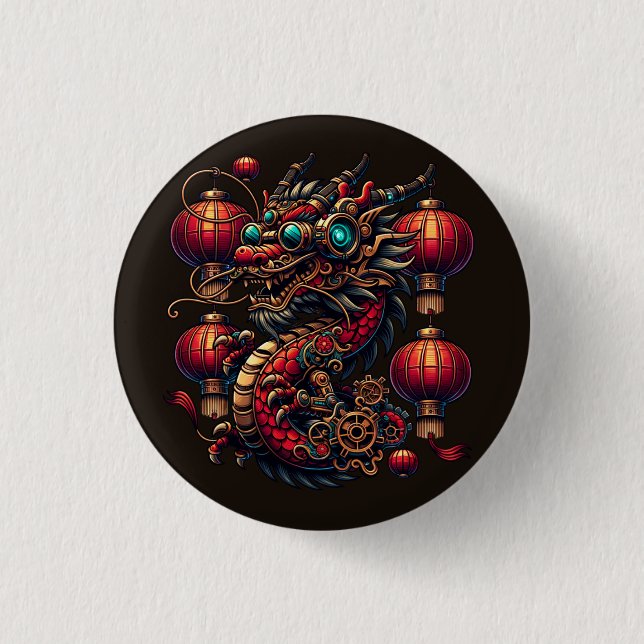 Steampunk Chinese New Year Dragon Button (Vorderseite)