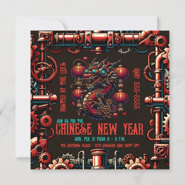 Steampunk Chinese New Year Dragon Einladung (Vorderseite)