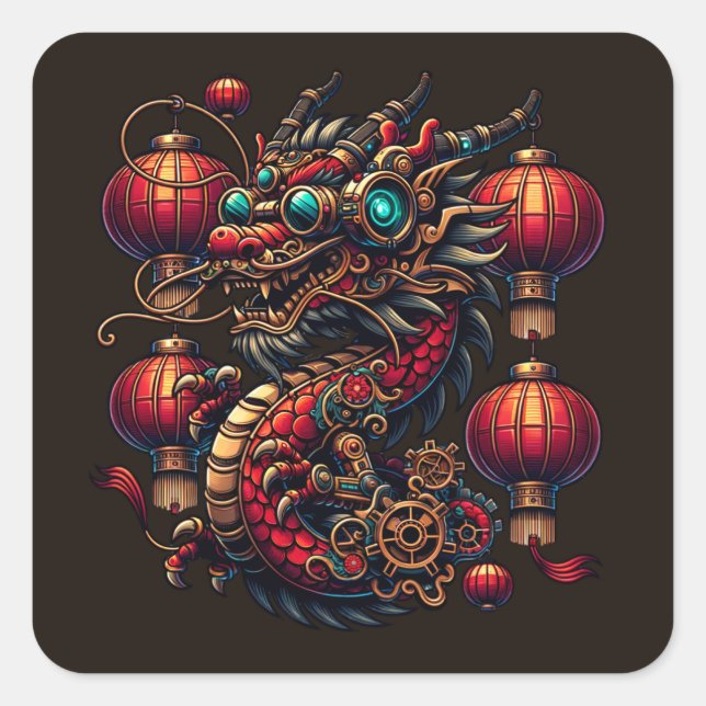 Steampunk Chinese New Year Dragon Quadratischer Aufkleber (Vorderseite)