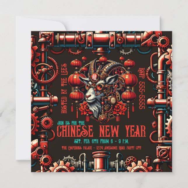 Steampunk Chinesisches Neujahrs Ziege Einladung (Vorderseite)